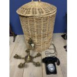 Small 5 branch brass hanging chandelier, a wicker linen basket, and a modern repro vintage telephone