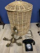 Small 5 branch brass hanging chandelier, a wicker linen basket, and a modern repro vintage telephone