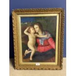 Oil on panel a Classical Portrait Depicting Madonna with Child in pierced gilt frame, 39 x 28.5