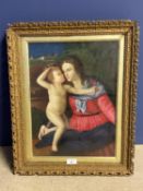 Oil on panel a Classical Portrait Depicting Madonna with Child in pierced gilt frame, 39 x 28.5