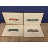 Set of 4 framed and glazed vintage car colour drawings, Bentley, Aston Martin, Mercedes Benz, all