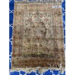 Small silk rug, Tree of Life, gold, cream & blue, flowers & birds design, 87x110cm