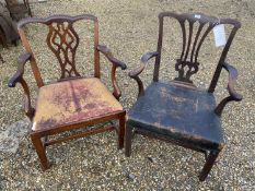 Two George III Gentleman's heavy mahogany armchairs, with leather seats (condition, good quality,