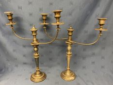 Pair old heavy silver plate twin branch candelabra with crested removable sconces, 54cmH (1894)