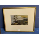 Signed Japanese gilded engraving of traditional landscape with Mount Fuji beyond, 13.5 x 22cm