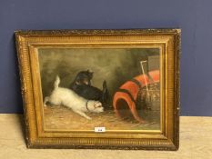 Gilt framed oil painting study of terrier dogs in a barn, 29 x 39cm