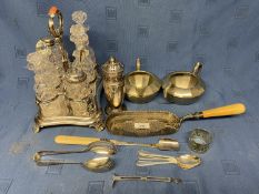 Qty silver plated ware including 8 pieces glass table cruet (some silver collars, some glass