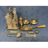 Qty silver plated ware including 8 pieces glass table cruet (some silver collars, some glass