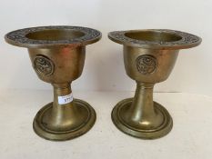 Pair Chinese bronze vases, the bowls extensively decorated, raised on screw-in bases, 16cm D, (