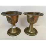 Pair Chinese bronze vases, the bowls extensively decorated, raised on screw-in bases, 16cm D, (