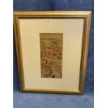 Torrii School, Japanese Woodblock prints with hand colouring Kabuki Scene, signed, 31.5 x 14.5cm