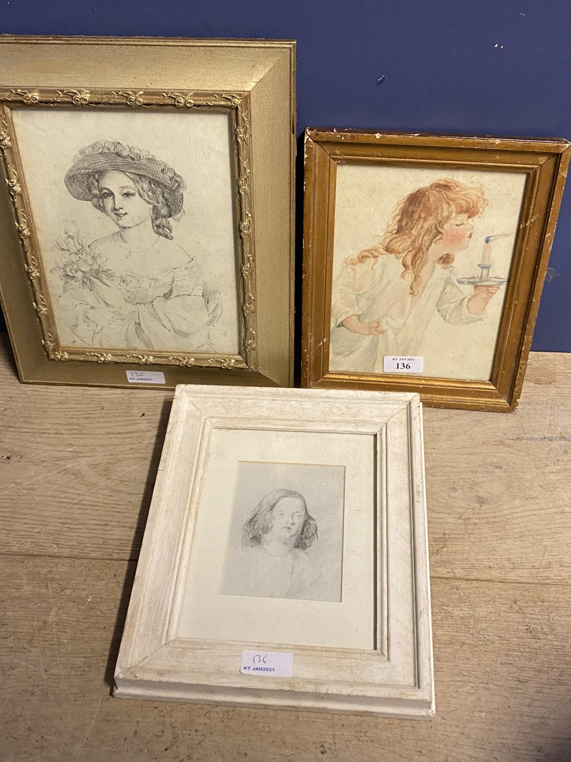 3 pencil and watercolour framed portraits young girls one in a bonnet