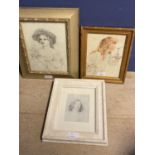 3 pencil and watercolour framed portraits young girls one in a bonnet