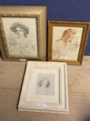 3 pencil and watercolour framed portraits young girls one in a bonnet