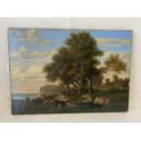 C19th French oil on canvas country scene with cottage, cattle and a figure in the foreground with