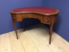 Edwardian ladies inlaid mahogany Kidney shaped writing table, with red leather top and 3 drawers,