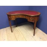 Edwardian ladies inlaid mahogany Kidney shaped writing table, with red leather top and 3 drawers,