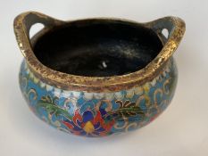 Chinese cloisonne 2 handled bowl, marks to base, 14cm D, (condition some wear)