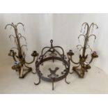 Candelabra with lustres, and a hanging metal dome with hooks and chicken motifs