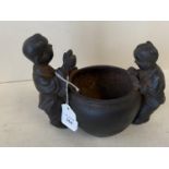 Chinese iron pot flanked by two children, 12cmD, max height 16cm (condition good, some general