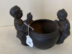 Chinese iron pot flanked by two children, 12cmD, max height 16cm (condition good, some general
