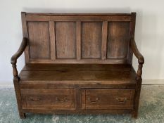 Oak settle, with 2 drawers (condition - split to the seat, and general wear/scuffs) 122cmW