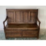 Oak settle, with 2 drawers (condition - split to the seat, and general wear/scuffs) 122cmW