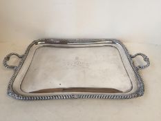 Large heavy gauge hallmarked silver 2 handled tray 49 ozt. The face engraved. The underside