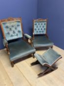 Victorian walnut gentleman's fireside armchair, and a similar ladies chair and a gout stool (