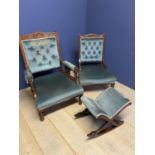 Victorian walnut gentleman's fireside armchair, and a similar ladies chair and a gout stool (