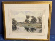 Frank Thompson 1875-1926 watercolour of a tranquil village river view, 26 x 36cm