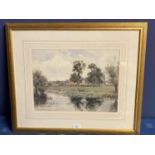 Frank Thompson 1875-1926 watercolour of a tranquil village river view, 26 x 36cm