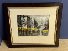 Framed & glazed oil painting of an Impressionist view of Paris at dusk, 34 x 46cm