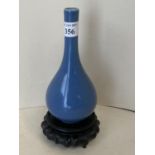 Small Chinese slender blue long necked vase, signature to base, 15cmH, on a stand, (condition, good)