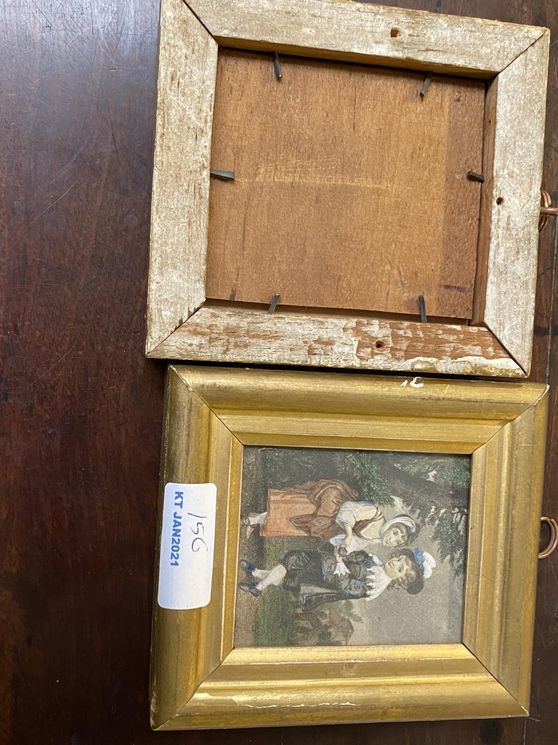 Gilt framed embroidery study of flowers and butterfly; and a pair of print portrait miniatures - Image 3 of 3
