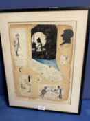 Tom o Hank cartoonist, a collage of original pen and ink satirical cartoons some signed, framed as