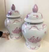 Pair of modern Chinese style pink and white lidded urns, 44 cm H