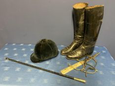 Vietnamese Ghurkas slap stick and a qty of Vintage sporting items to include riding boots and an old