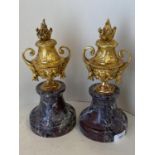 Pair good marble and ormolu classical style urns decorated with rams heads and acanthus leaf handles