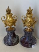 Pair good marble and ormolu classical style urns decorated with rams heads and acanthus leaf handles