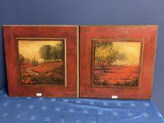 Oil on board Mediterranean coastal view; and 2 Tuscan poppy field art prints