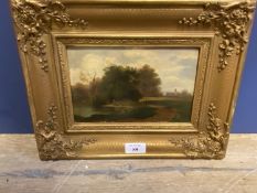 C19th gilt framed oil painting rural river scene with cottage and figure 12 x 19.5cm