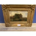 C19th gilt framed oil painting rural river scene with cottage and figure 12 x 19.5cm