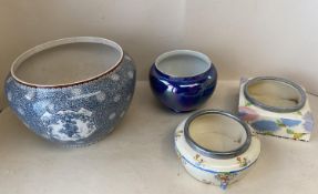 4 items of china, including a round a square shaped Coronet ware dishes, a blue and white jardiniere