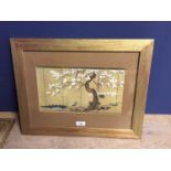 Oriental school two framed Japanese scenic views one of a peacock beneath blossom tree and signed