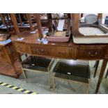 Inlaid and cross banded mahogany bow front serving table with 3 drawers, 137cmL x 85cmH (condition