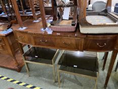 Inlaid and cross banded mahogany bow front serving table with 3 drawers, 137cmL x 85cmH (condition