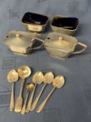 2 pairs of hallmarked cruets with blue glass liners Birmingham 1933 maker R&D 12 ozt. Condition,