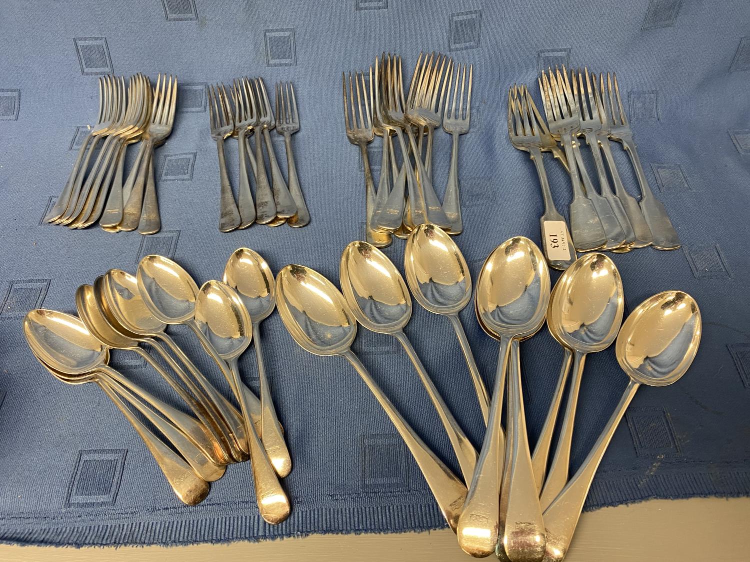 Suite of good quality silver plate flatware all mono/crested, 9 dessert spoons, 9 large forks, 9