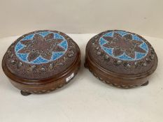 Pair Victorian circular walnut and parquetry foot stools with Petit Point beaded tops , 28cm D (some